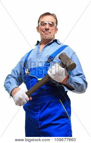 brutal Workers in protective glasses with a sledgehammer. isolated on white background