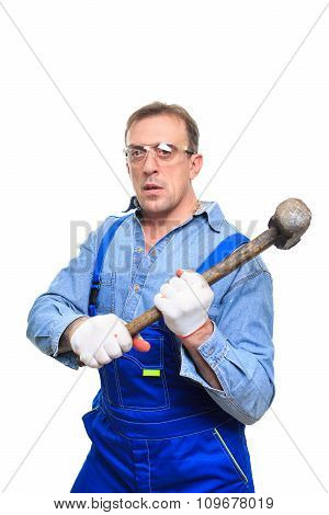 brutal Workers in protective glasses with a sledgehammer. isolated on white background