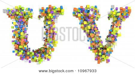 입방 글꼴 U 및 V 문자 추상