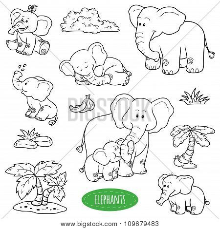 Set Of Cute Animals And Objects, Vector Family Of Elephants