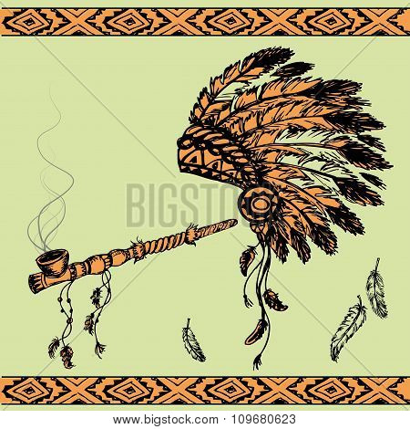 Native American Peace Pipe And Chief Headdress