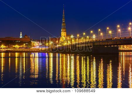 Old Town and River Daugava at night, Riga, Latvia