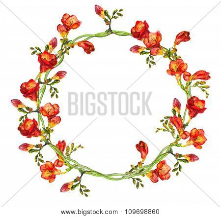 Red floral round wreath with hand painted red exotic flowers freesia
