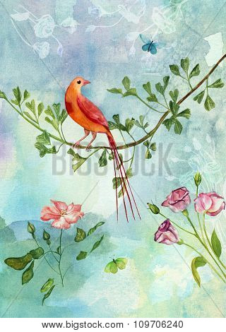 Vintage Collage Postcard With Bird, Butterflies And Flowers