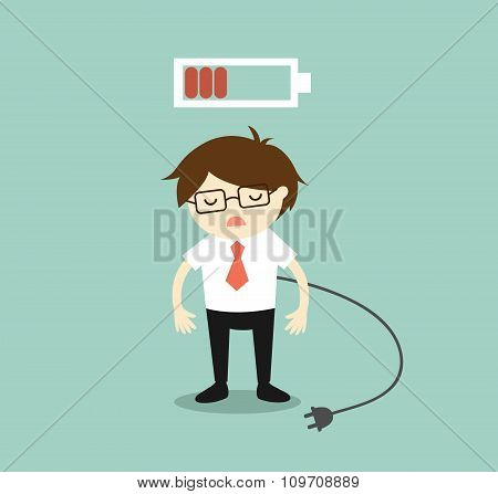 Business concept, Businessman feeling tired and low battery. Vector illustration.