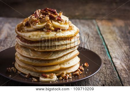 Pancakes With Banana, Nuts And Honey