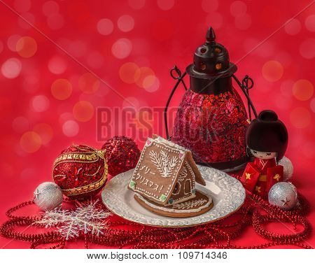 Ginger Gingerbread House With A Wish Of Happiness In Japanese Next To The Doll Kokeshi (mass Product