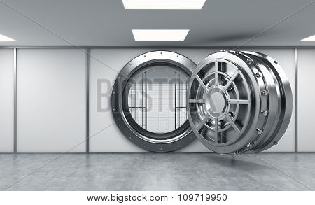 3D Rendering Of A Big Open Round Metal Safe With Lock-boxes Behind Bars In A Bank Depository, Front