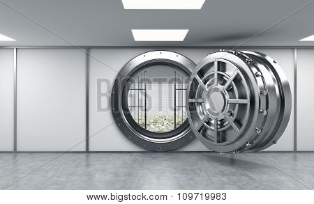 3D Rendering Of A Big Open Round Metal Safe In A Bank Depository With Lock-boxes And Money On The Fl