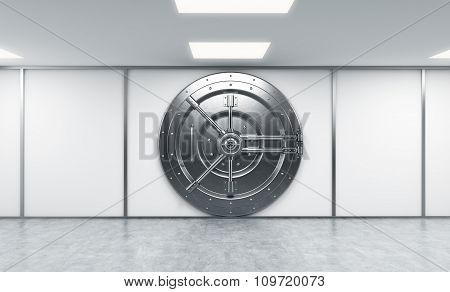 3D Rendering Of A Big Locked Round Metal Safe In A Bank Depository,  A Concept Of Security,  Front V