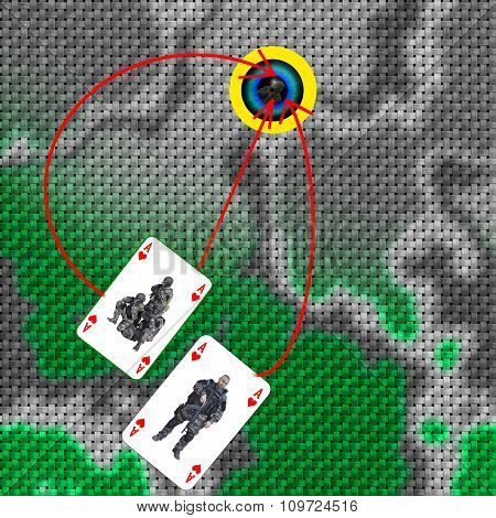 War strategy game. Army deployment on the map. Ace of Hearts in combat.