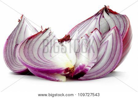 Chopped red onion purple cut slices isolated on white background