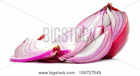 Red onion half with purple chopped slices isolated on white