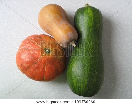 Pumpkins of various colors on the table