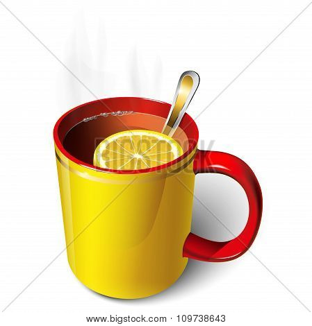 Cup of tea yellow, red with a slice of lemon.