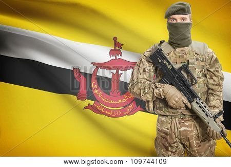 Soldier Holding Machine Gun With Flag On Background Series - Brunei