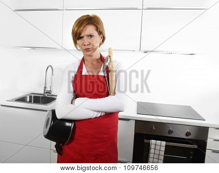 Cook Woman In Angry Upset Frustrated Face Expression In Apron Ho