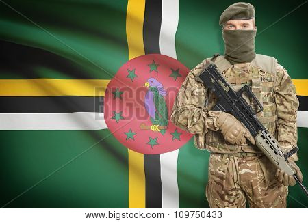Soldier Holding Machine Gun With Flag On Background Series - Dominica