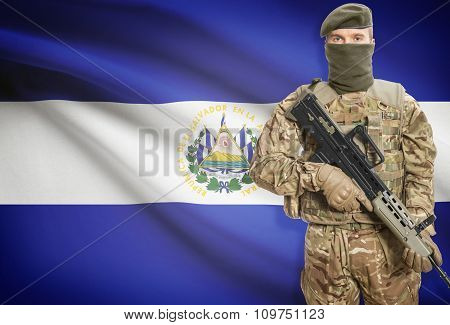Soldier Holding Machine Gun With Flag On Background Series - El Salvador