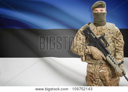 Soldier Holding Machine Gun With Flag On Background Series - Estonia