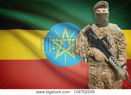 Soldier Holding Machine Gun With Flag On Background Series - Ethiopia