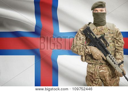 Soldier Holding Machine Gun With Flag On Background Series - Faroe Islands