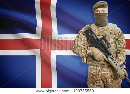 Soldier Holding Machine Gun With Flag On Background Series - Iceland