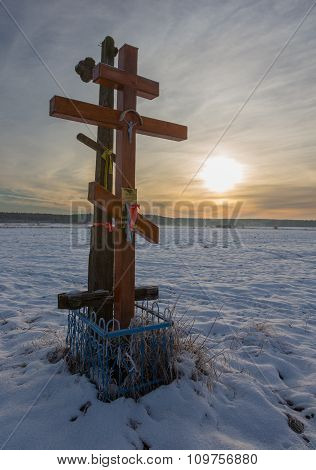 Orthodox Church Crosses In Sunset