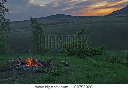 Campfire Outdoors At Sunset