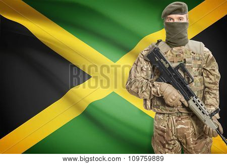 Soldier Holding Machine Gun With Flag On Background Series - Jamaica