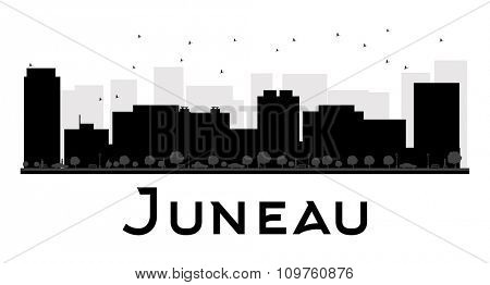 Juneau City skyline black and white silhouette. Vector illustration. Simple flat concept for tourism presentation, banner, placard or web site. Business travel concept. Cityscape with famous landmarks