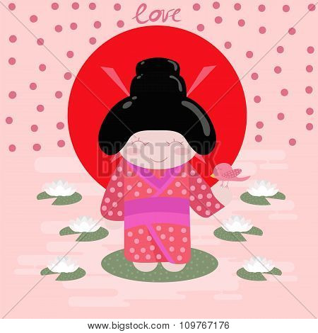 Children Postcard With A Japanese Geisha In A Kimono, In The Sun, With A Bird In His Hand.