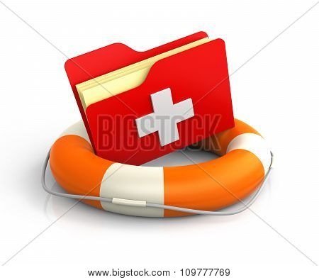 Data Folders In Life Buoy With First Aid Symbol. Rescuing Your Files Concept