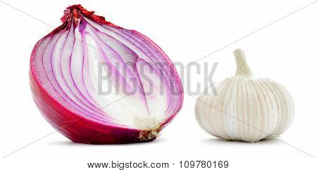 Garlic and red onion half closeup macro isolated on white