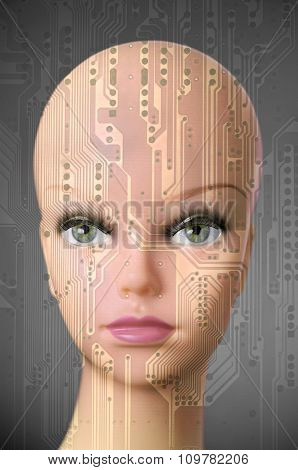 Female Cyborg Head On Dark Gray Background