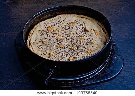 Homemade Pie In A Rustic Metal Form For The Baking, Ready To Eat.