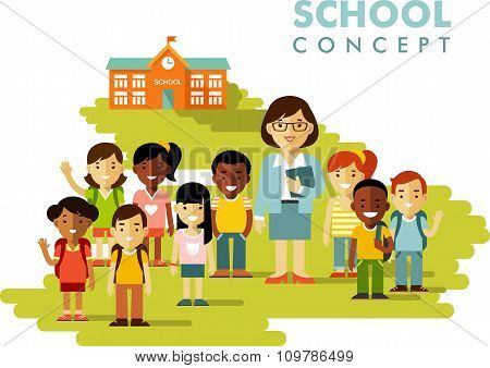 Students group and teacher on school background in flat style
