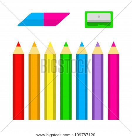 Set Of Colored Pencils With Sharpener And Eraser In Flat Style Isolated On White Background