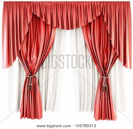 Red Curtain With Pelmet Isolated On A White Background. 3D.
