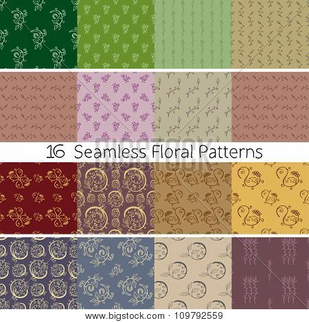Hand Drawn Floral Seamless Pattern Set