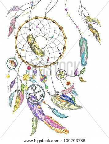 Dream Catcher With Items From The Sea And Feathers. Vector.