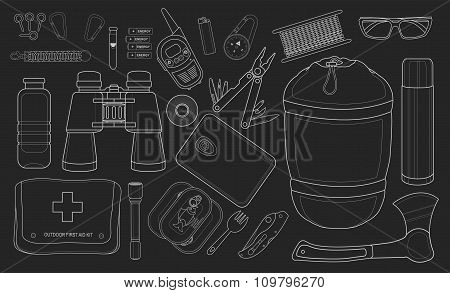 Set of survival camping equipment. Chalk