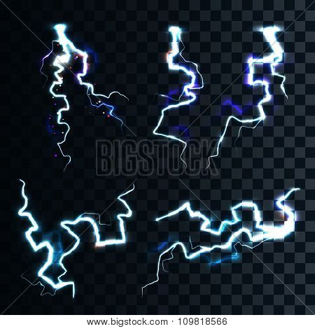 Set isolated realistic lightnings with transparency for design