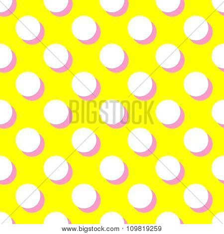 Tile vector pattern with white polka dots and pink shadow on yellow background