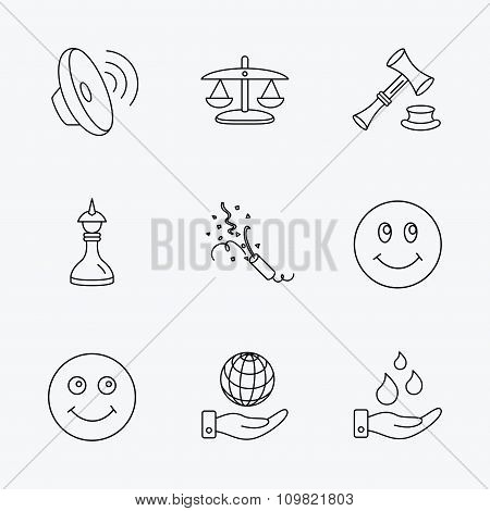 Scales of justice, auction hammer and strategy.