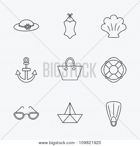 Paper boat, shell and swimsuit icons.