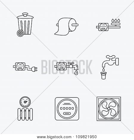 Ventilation, radiator and water counter icons.