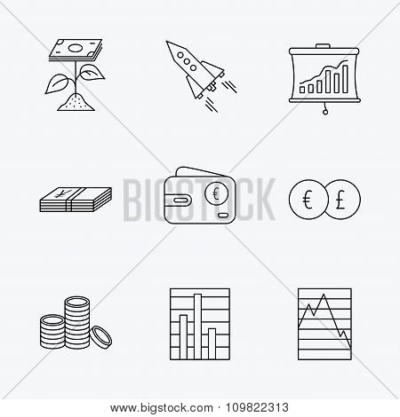 Profit investment, cash money and startup icons.