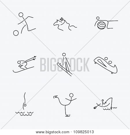 Pilates, football and skiing icons. Fishing.