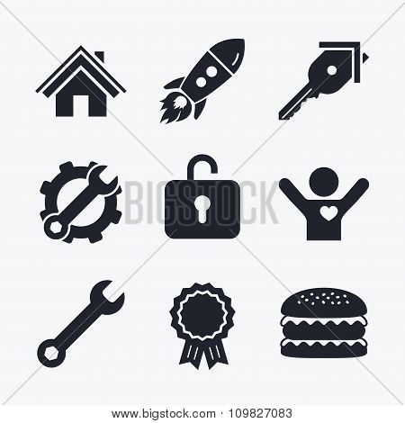Home key icon. Wrench service tool symbol.